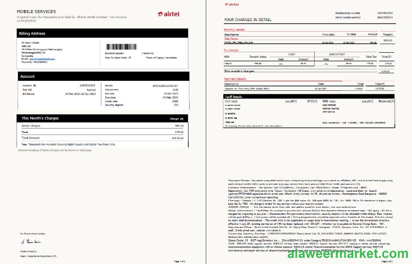 India airtel utility bill template in Word and PDF formats, 2 pages, version 3